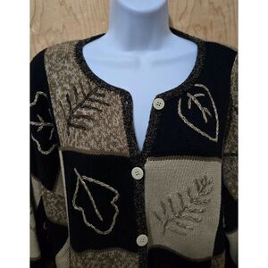 Vintage Christopher & Banks Leaf Pattern Cardigan Sweater Black & Tan Hand Embro